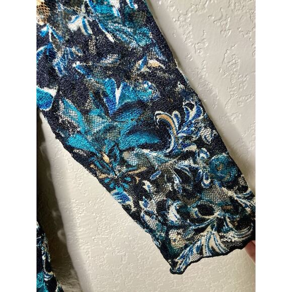 Vintage Y2K 90s Only Nine Lace Top 3/4 Sleeve Floral Blue Womens 1X Stretchy - Picture 3 of 9